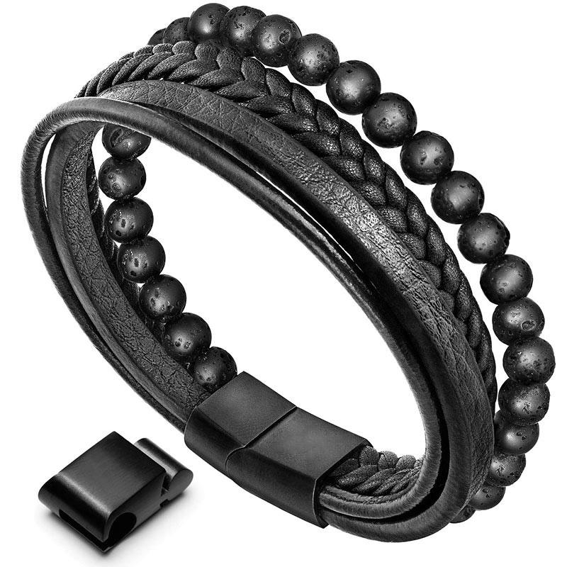 Natural Lava Rock Black Onyx Bead Leather Bracelet
