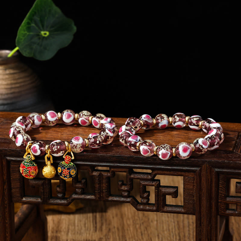 Gold Swallowing Beast Family Pink Love Heart Luminous Fluorescent Liuli Glass Bead Bracelet