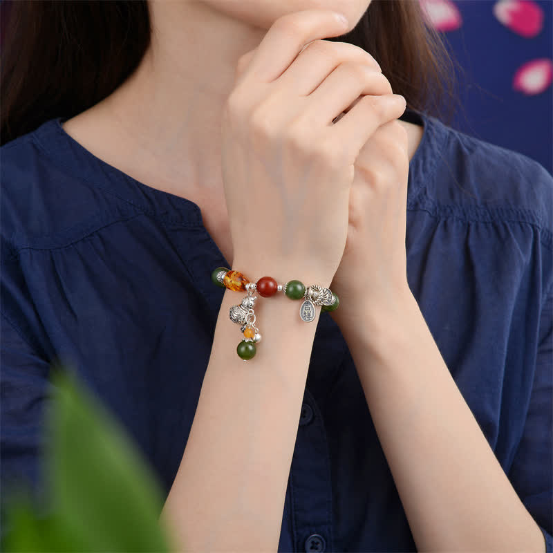925 Sterling Silver Hetian Cyan Jade Gourd and Amber Harmony Bracelet