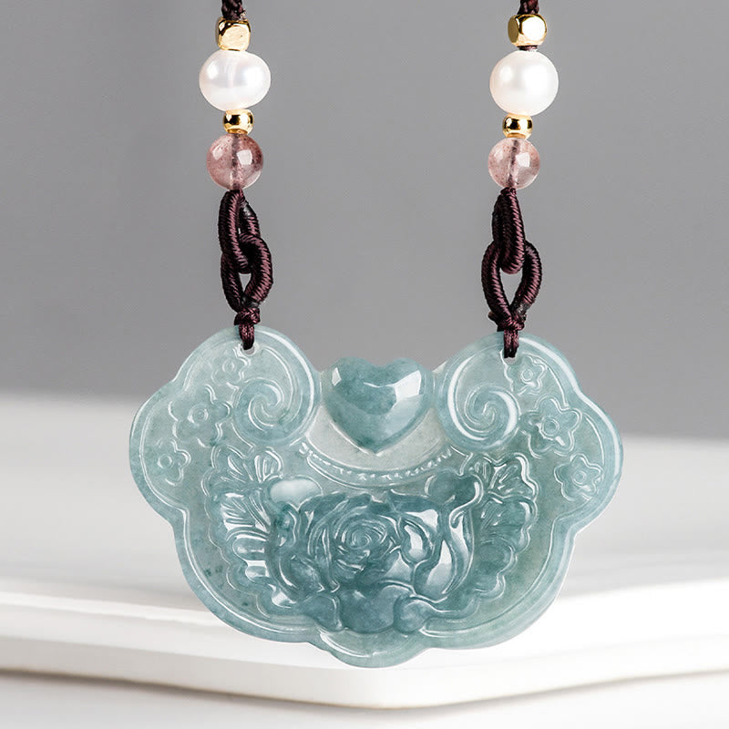Natural Jade Peony Flower Lock of Good Wishes Prosperity Necklace Pendant