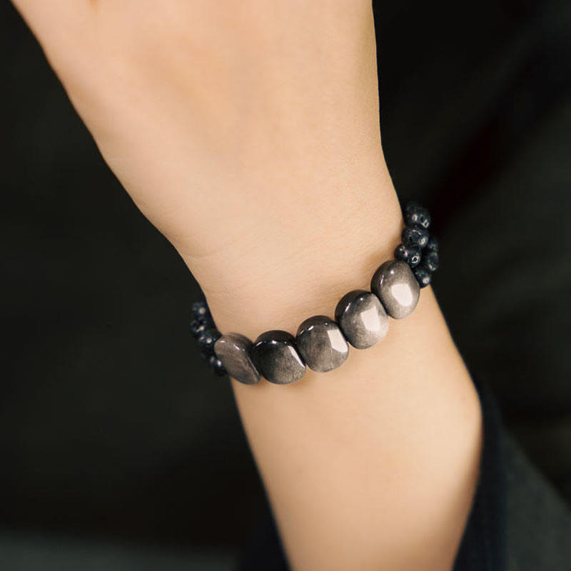 Natural Silver Sheen Obsidian and Volcanic Lava Stone Beaded Bracelet
