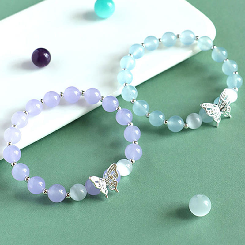 Blue Chalcedony Pink Crystal Purple Chalcedony Butterfly Energy Bracelet