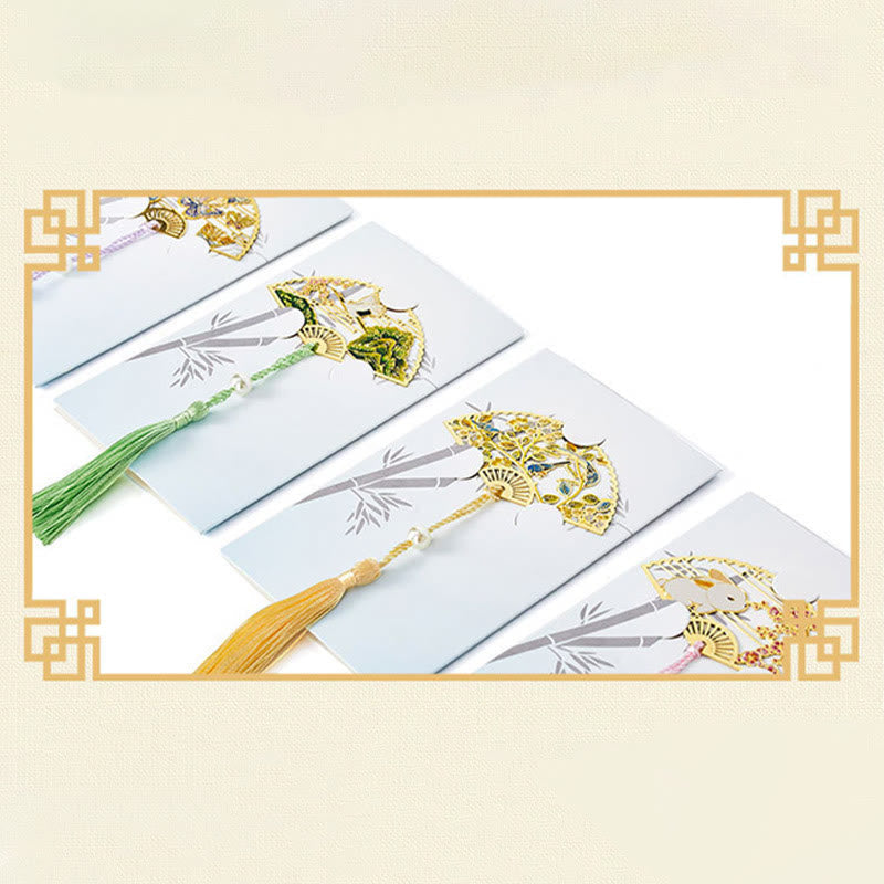 Traditional Butterfly Lotus Flower Crane Dragon Phoenix Fox Koi Fish New Beginning Metal Brass Hollow Fan Bookmarks
