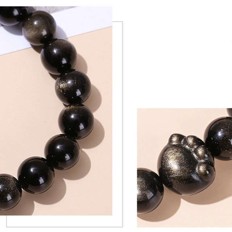 Natural Sheen Obsidian Beaded Cat Paw Charm Bracelet