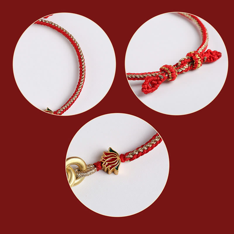 925 Sterling Silver Double Ping An Kou Lotus Jade Red String Bracelet