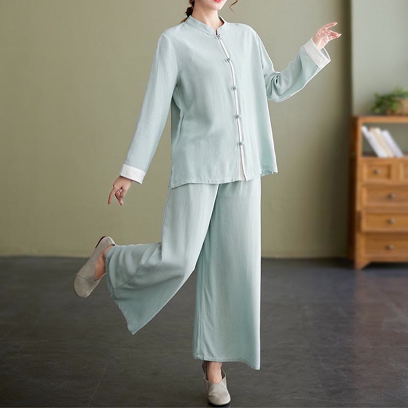 2Pcs Tang Suit Long Sleeve Shirt Top Pants Meditation Zen Tai Chi Cotton Linen Clothing Women's Set