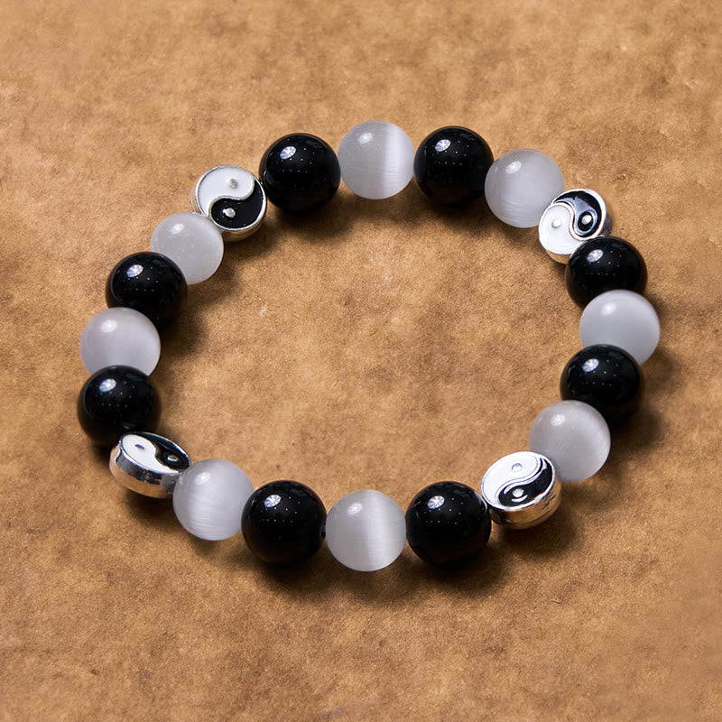 Black Obsidian Cat's Eye Yin Yang Bracelet for Energetic Balance and Inner Fortitude