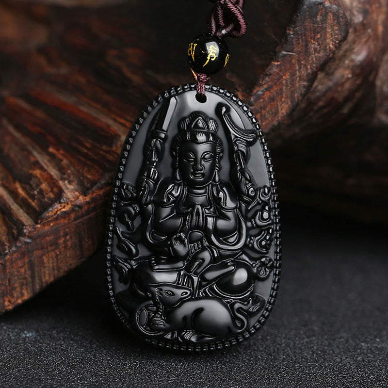 Chinese Zodiac Natal Buddha Natural Black Obsidian Purification Necklace Pendant