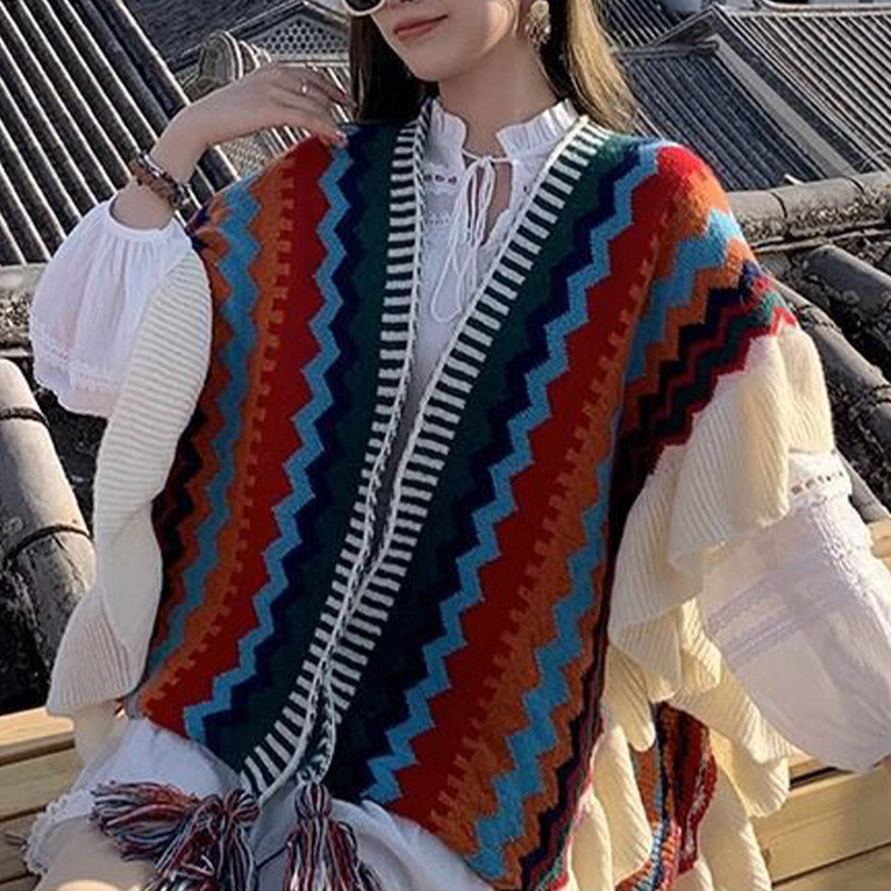 Tibetan Shawl Colorful Striped Wavy Line Tassels Winter Cozy Travel Scarf Wrap