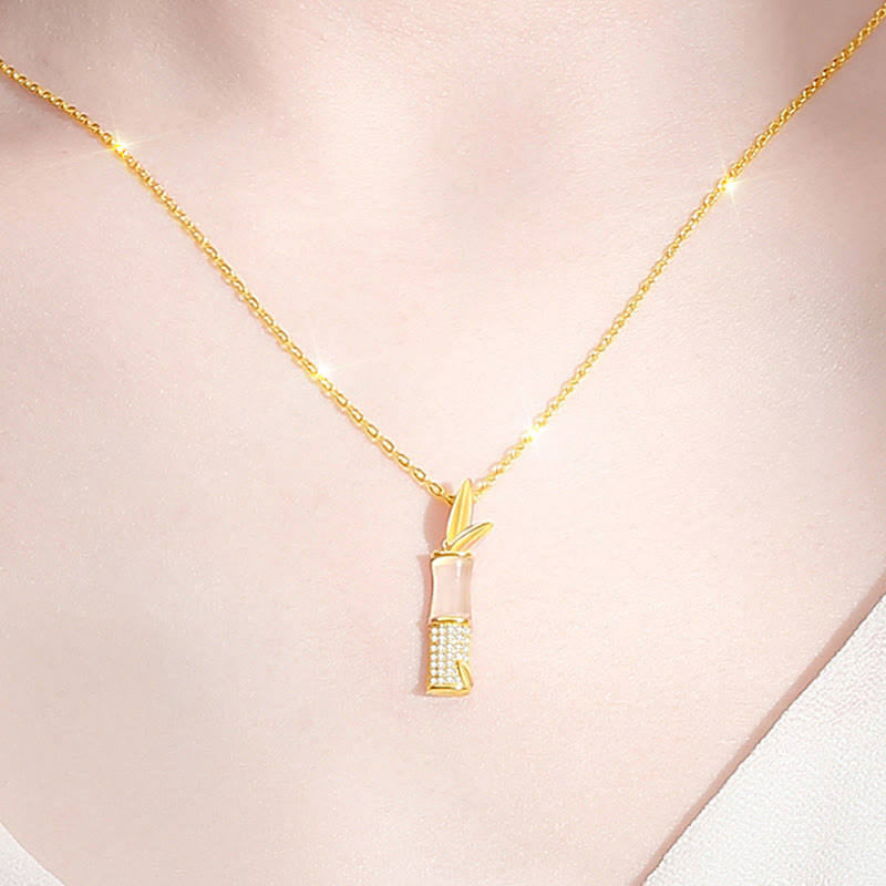 925 Sterling Silver Hetian White Jade Bamboo Happiness Necklace Pendant