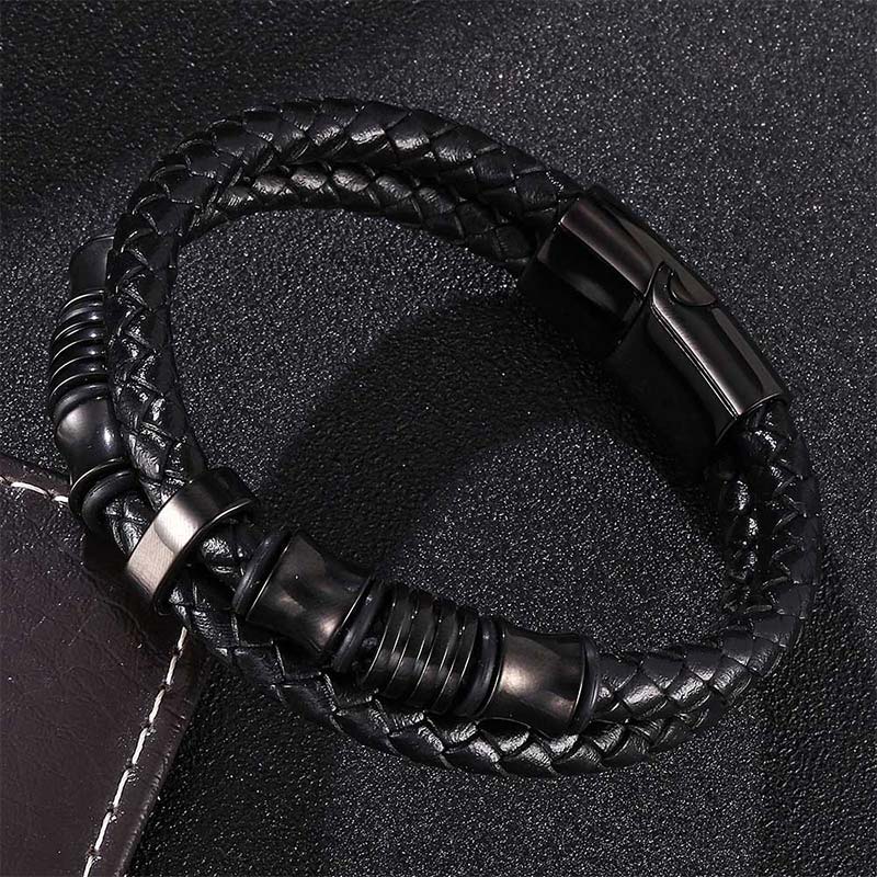 Minimalist Layered Braided Leather & Titanium Steel Bracelet