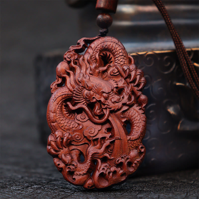Lightning Struck Jujube Wood Double Dragon Relief Ward Off Evil Spirits Necklace Pendant