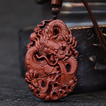 Lightning Struck Jujube Wood Double Dragon Relief Ward Off Evil Spirits Necklace Pendant