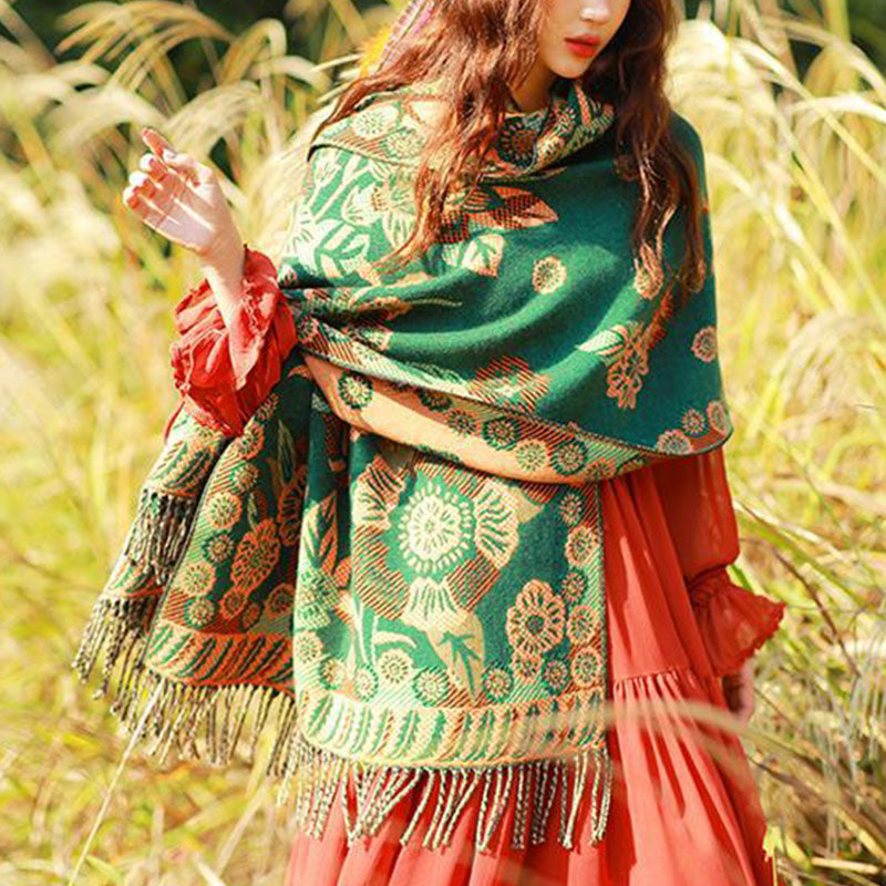 Tibetan Flower Floral Leaves Pattern Design Shawl Cozy Travel Scarf Wrap