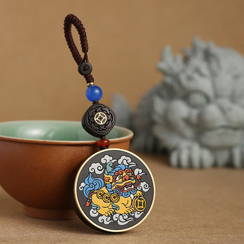 PiXiu Copper Coin Ebony Wood Luck Attract Wealth Key Chain Decoration