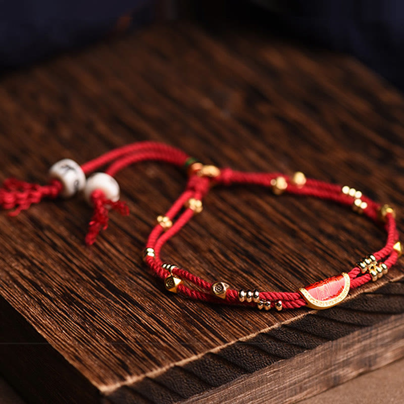 Handmade Braided Red String Bracelet with Cinnabar Dumpling Beads & Endless Knot