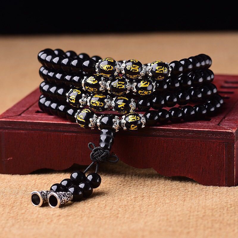 Black Obsidian Six True Words Protection Mala Bracelet