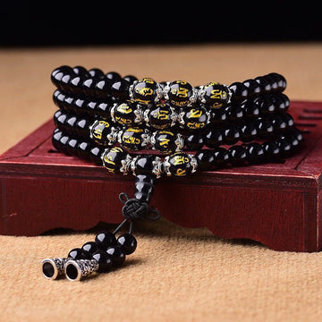 Black Obsidian Six True Words Protection Mala Bracelet