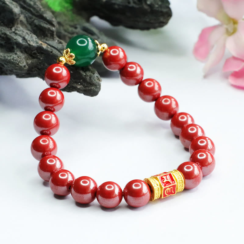 Natural Cinnabar and Green Agate Om Mani Padme Hum Inscribed Bead Bracelet