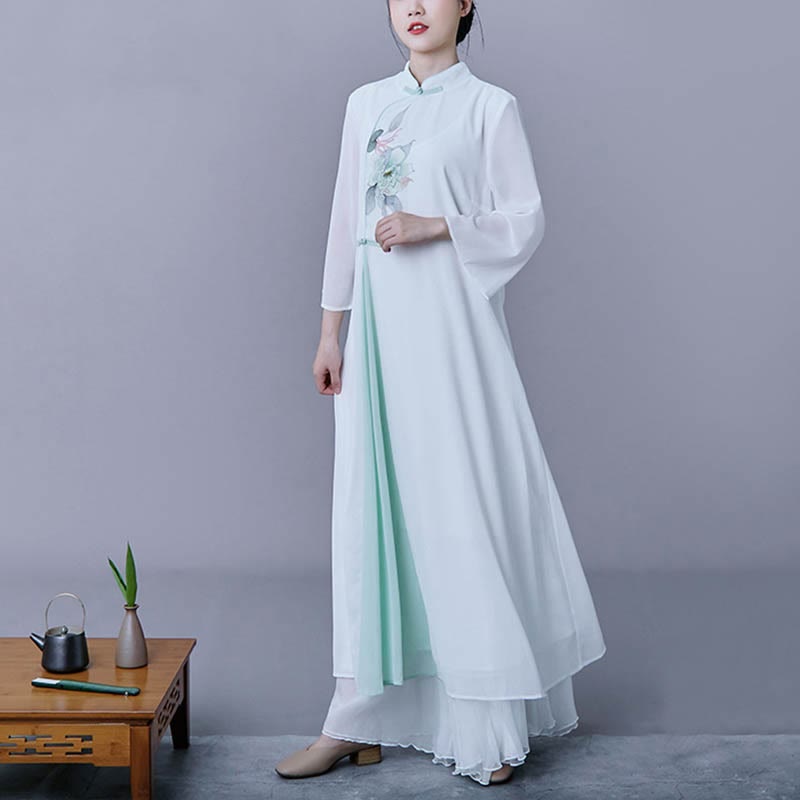 Flowing Chiffon Floral Midi Dress and Skirt Zen Meditation Set
