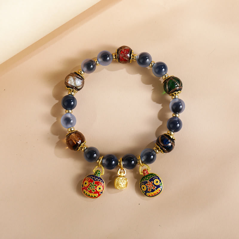 Vibrant Candy Agate & Liuli Beaded Bracelet with Gold Swallowing Beast Family Charm