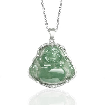 925 Sterling Silver Laughing Buddha Natural Jade Luck Prosperity Necklace Chain Pendant