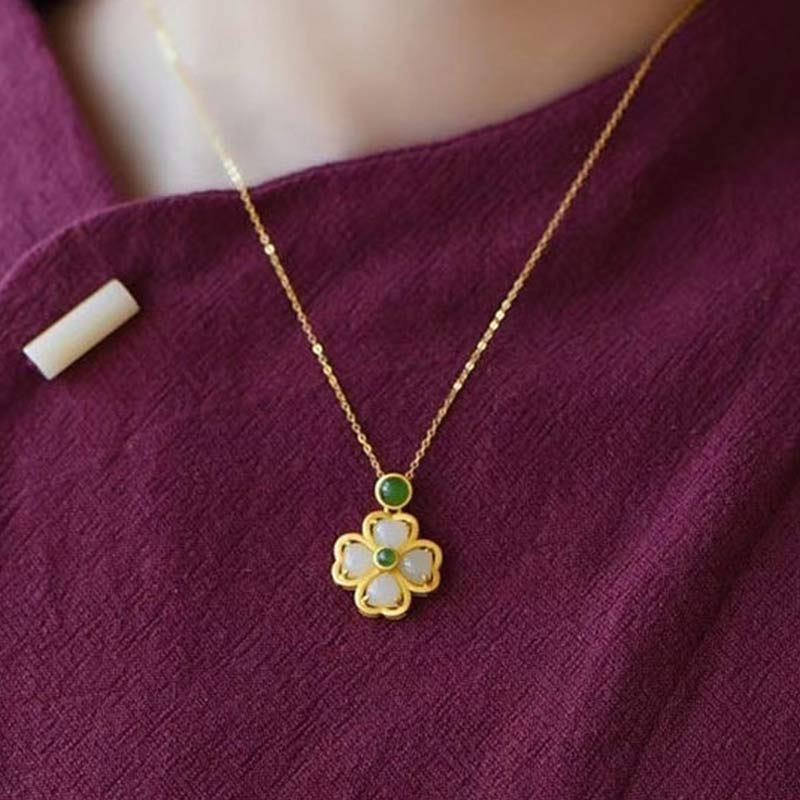 925 Sterling Silver Lucky Four Leaf Clover Jade Prosperity Necklace Chain Pendant