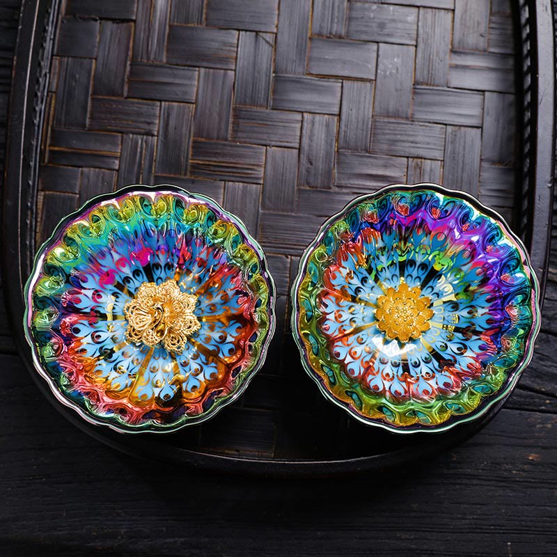Vivid Peacock Lotus Inlaid Design Colorful Chinese Jianzhan Ceramic Teacup Kung Fu Tea Cup