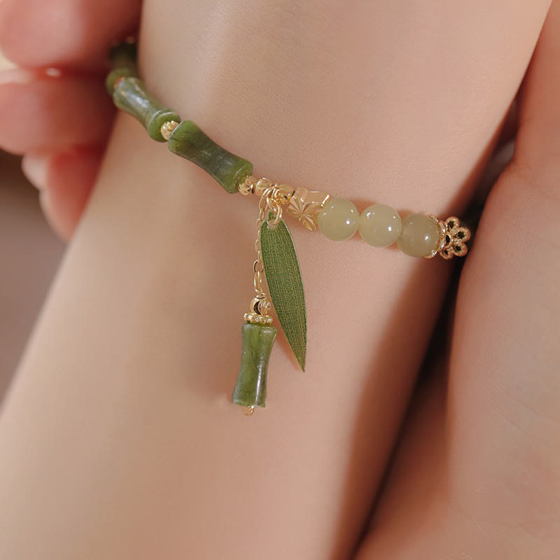 Jade Bamboo Leaf and Lily of the Valley Adjustable Patterned Bracelet
