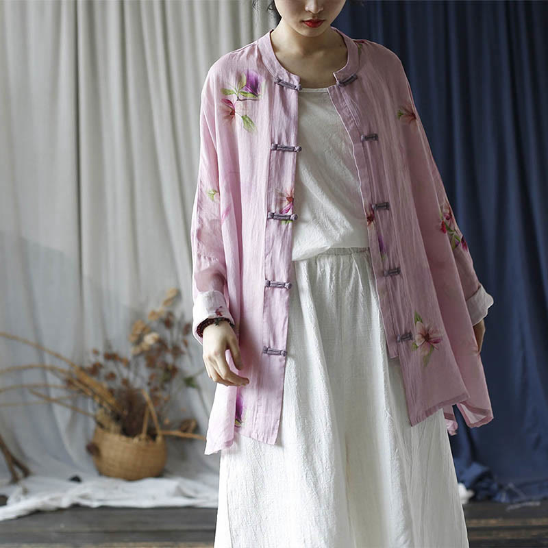 Pink Flower Print Frog-button Design Batwing Long Sleeve Ramie Linen Jacket Shirt