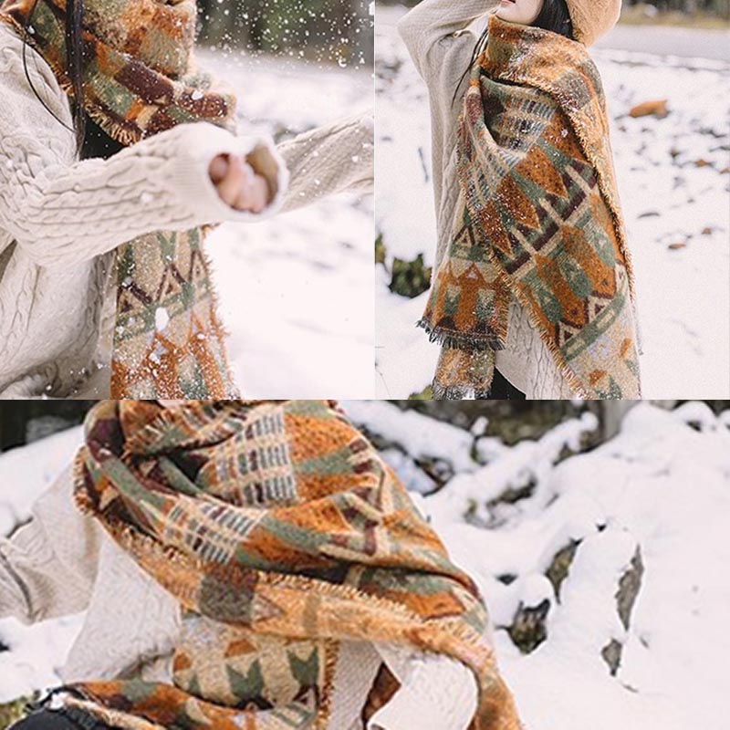 Tibetan Shawl Classic Geometry Pattern Winter Cozy Travel Scarf Wrap