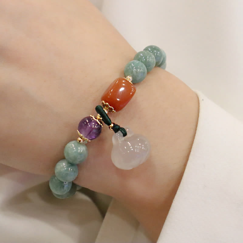 Cyan Jade, Golden Silk Jade & Amethyst Crystal Bracelet with Chalcedony & Energetic Styles