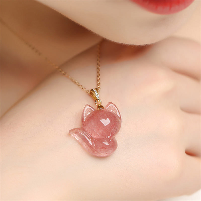 925 Sterling Silver Plated 14k Gold Strawberry Quartz Fox Healing Necklace Pendant