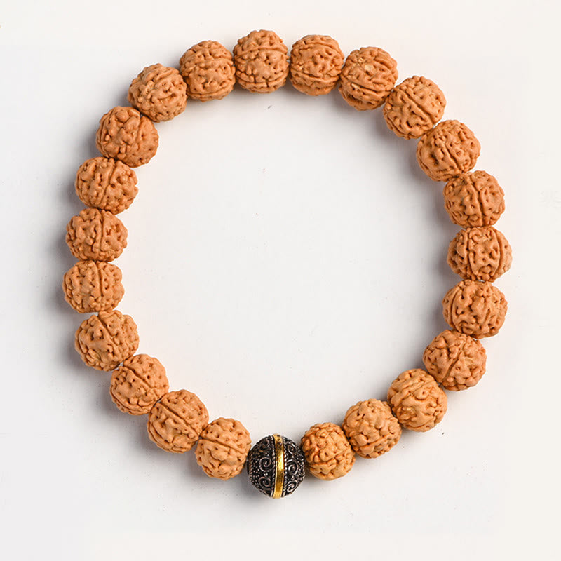 Tibetan Rudraksha & Bodhi Seed Bracelet with Hetian Jade and Gold Sheen Obsidian