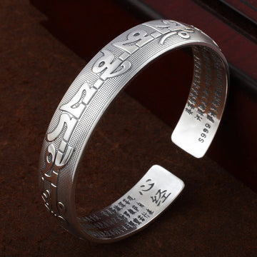 Tibetan White Copper & Sterling Silver Om Mani Padme Hum Sanskrit Engraved Meditation Bangle