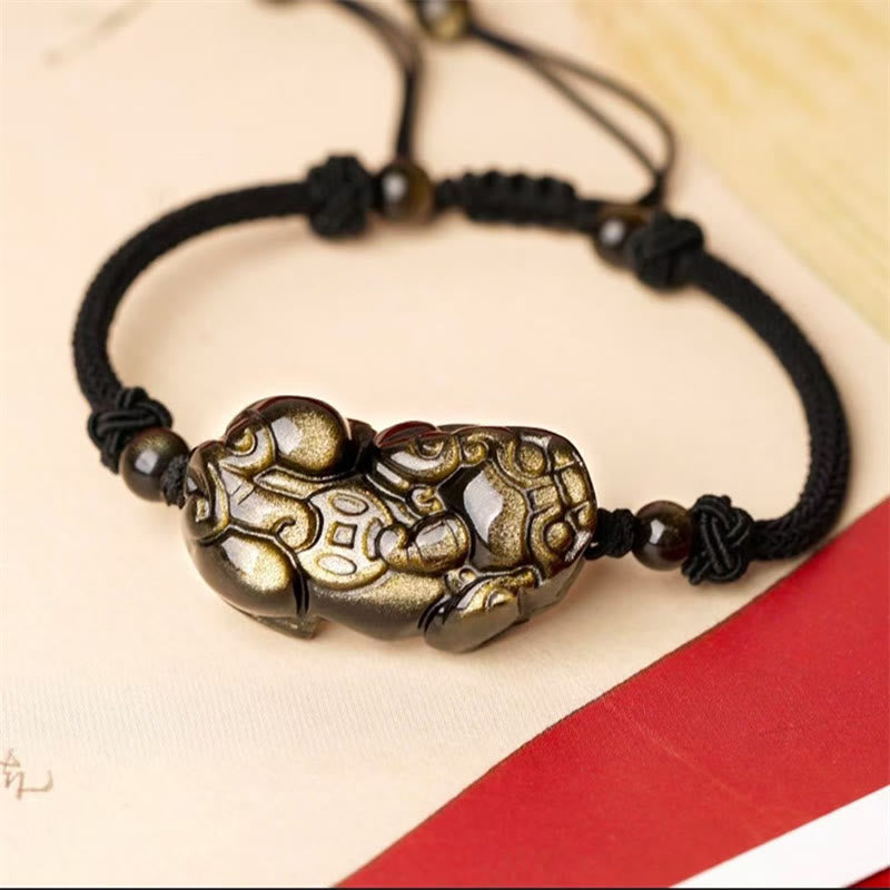 Natural Obsidian Amethyst Citrine PiXiu Cooper Coin Wealth Bracelet
