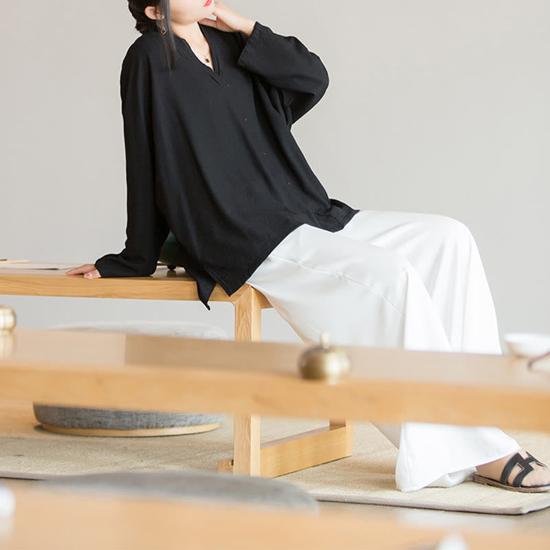 V-Neck Blouse Women Shirt Long Sleeve Top Chinese Hanfu Style Clothing