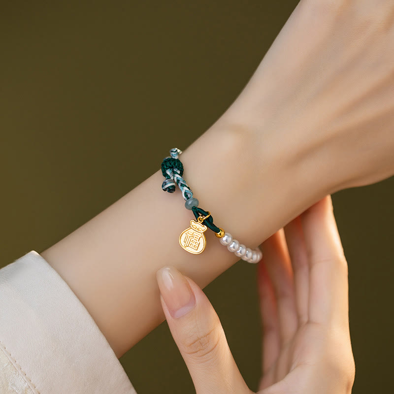 925 Sterling Silver Hetian Jade & Pearl Fu Wealth Bag Adjustable Rope Bracelet
