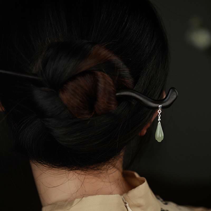 925 Sterling Silver Natural Hetian Jade Ebony Wood Luck Charm Hairpin