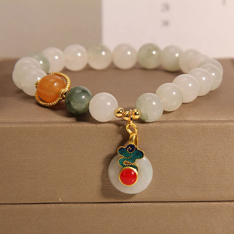 Jade and Red Agate Beaded Bracelet with Citrine and Auspicious Clouds Motif