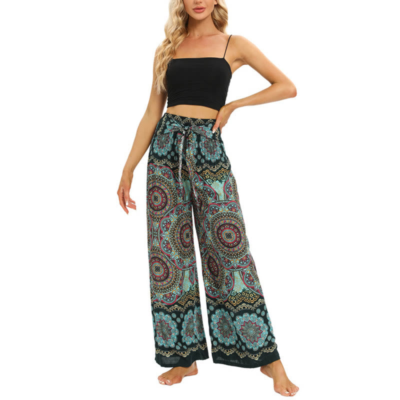 Boho Mandala Print Lace-up Wide Leg Pants Women's Yoga Pants