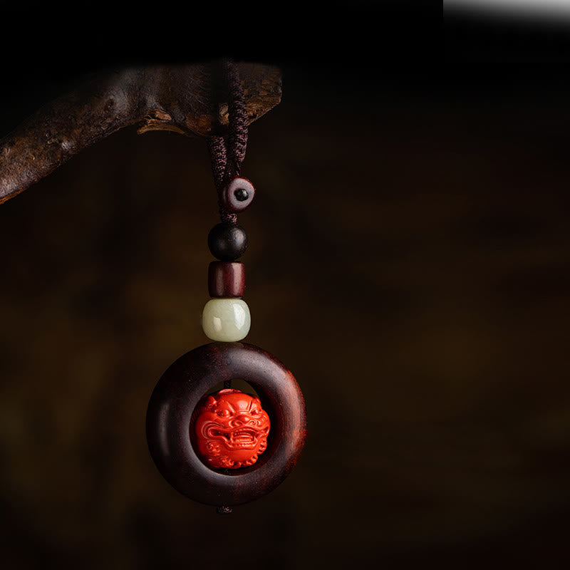 Red Sandalwood & Jade Cinnabar Keychain with Om Mani Padme Hum, Pixiu, or Copper Coin