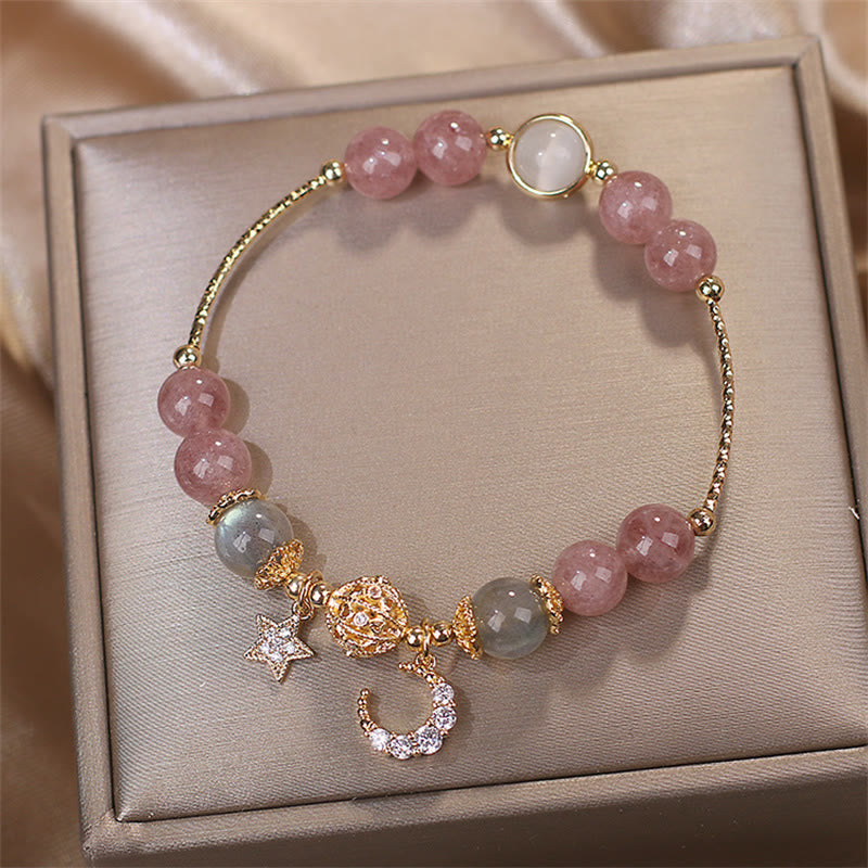 Celestial Strawberry Quartz, Moonstone & Cat's Eye Moon Star Gemstone Bracelet