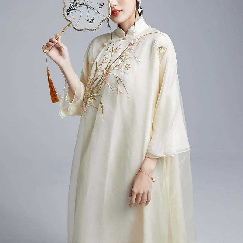 100% Mulberry Silk 6 Momme Dress Vintage Flower Butterfly Embroidery Qipao Dress Women's Cheongsam Dress