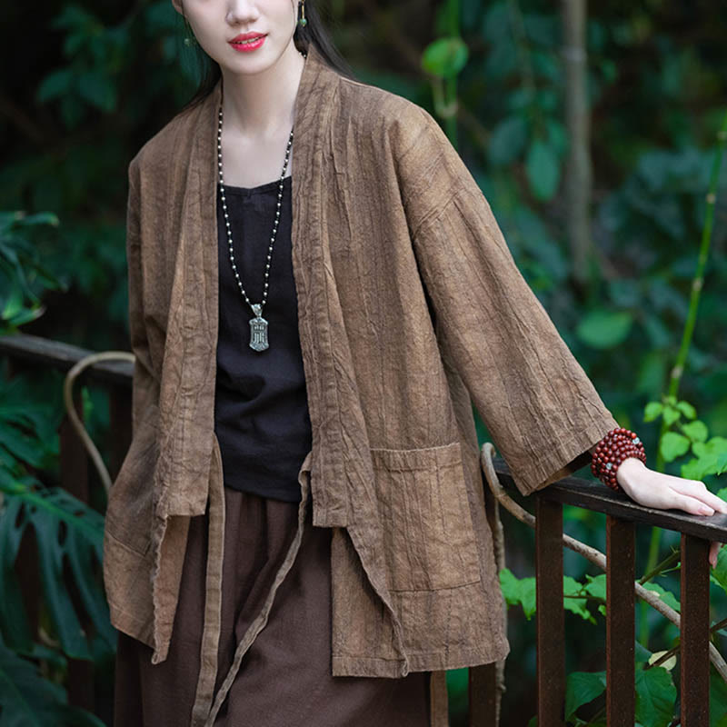 Hanfu Design Three Quarter Sleeve Ramie Linen Coat Open Front Top Jacket