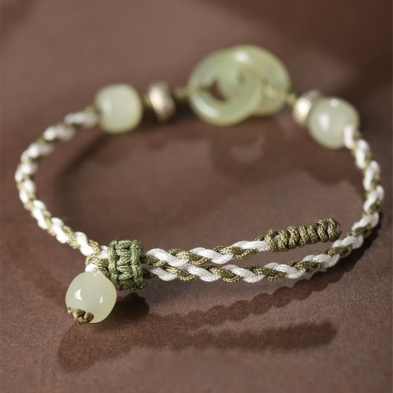 Natural Hetian Jade Ping An Kou Peace Buckle Braided Bracelet