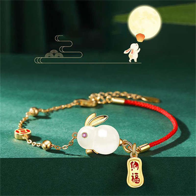 Year of the Rabbit White Jade Happiness Red String Chain Bracelet