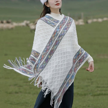 Tactile Knit Geometric Tassel Meditation Shawl Pullover