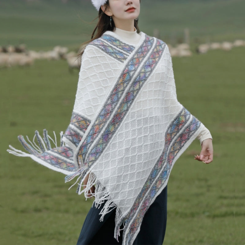 Tactile Knit Geometric Tassel Meditation Shawl Pullover