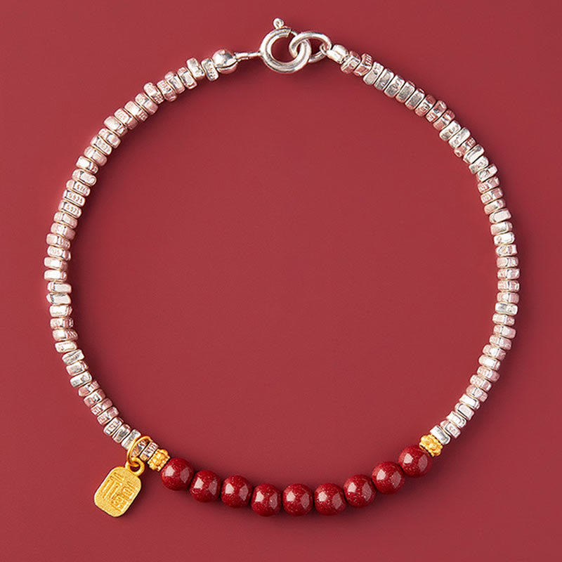 925 Sterling Silver Cinnabar Fu Character Blessing Bracelet